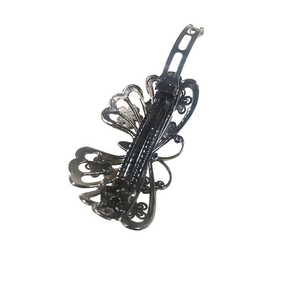 Hair Tension Clip Black Silver Tone Rhinestone Butterfly Garden Floral - Picture 5 of 5